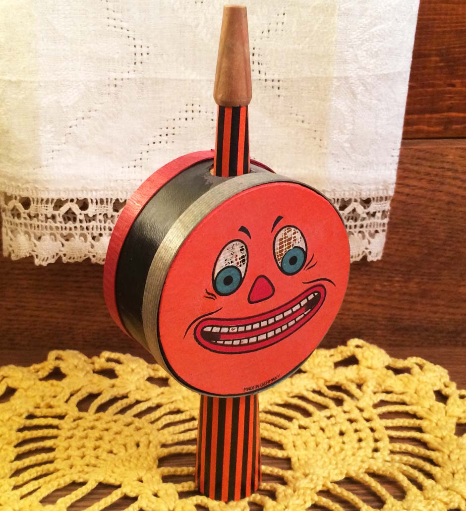 SCARCE Vintage Halloween Jack o' Lantern Drum Shaker & Horn Noisemaker, Germany, 1930s