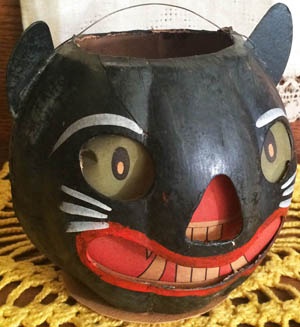 Vintage Halloween Early German Paper Mache Cat Lantern Pre-20s, Original Insert: $455.00