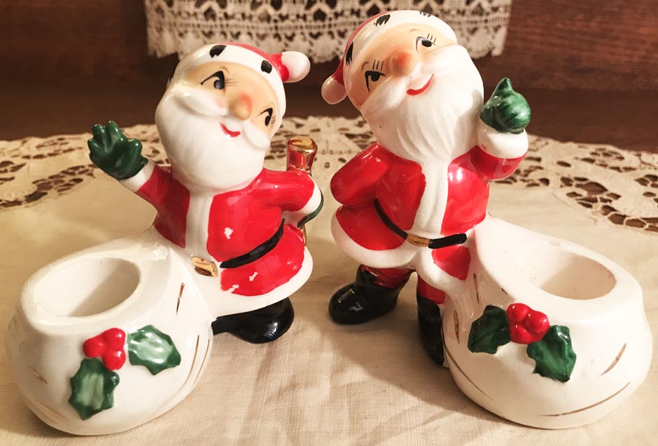 Adorable Pair of Mid-Century Ceramic Santa Claus Candleholder Decorations, Holt Howard, 1958, Japan