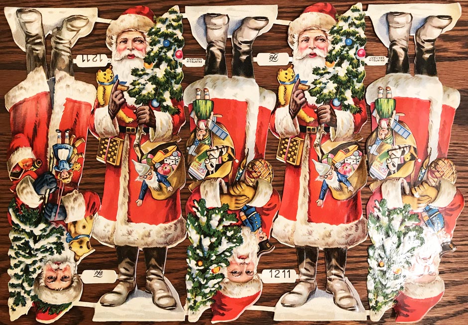Uncut Sheet of 5 Antique Christmas Diecuts, Santa Claus with Toys, Germany, Lot #1