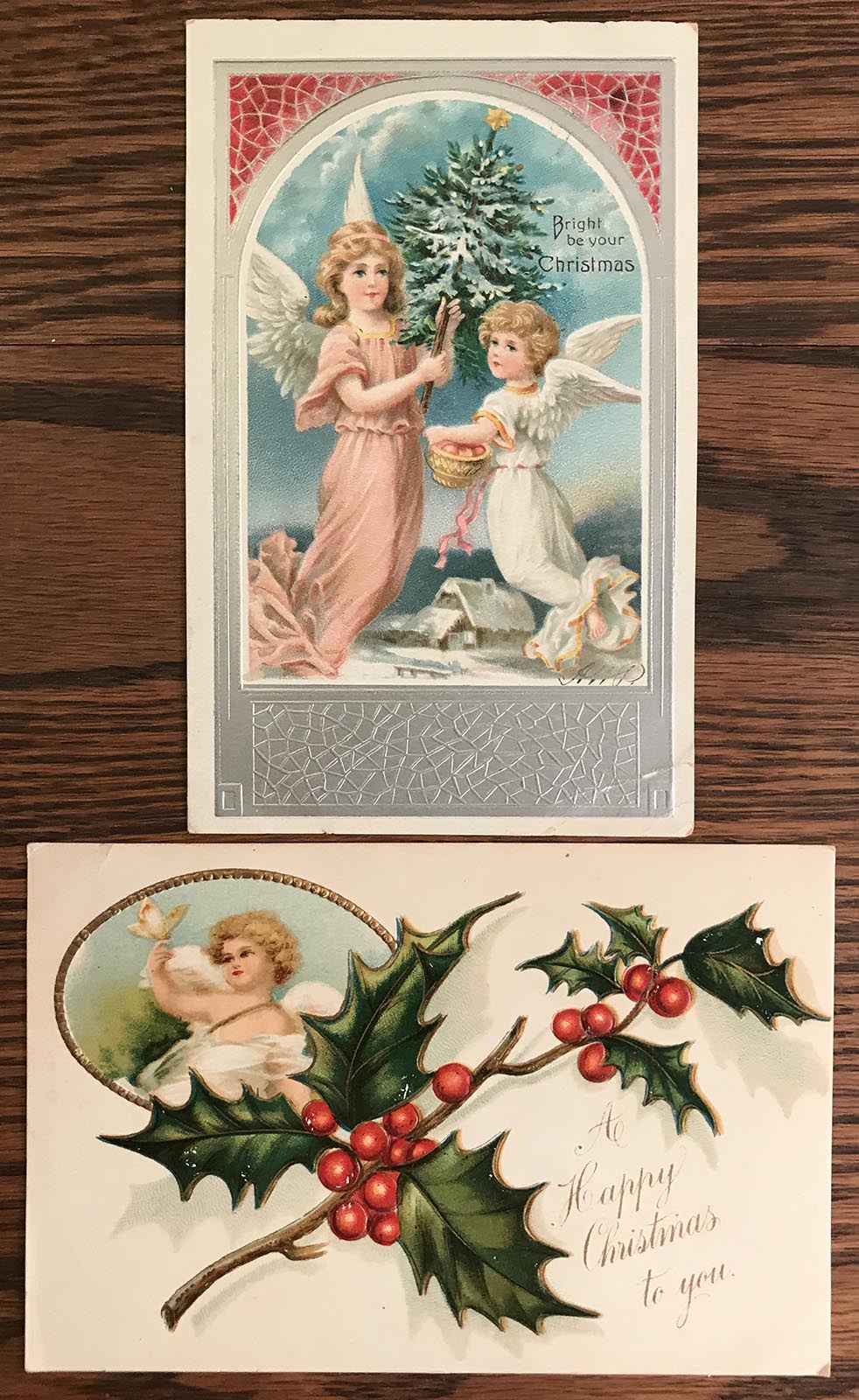 2 Embossed Antique Christmas Postcards with Angels or Cherubs, Both Postmarked 1907