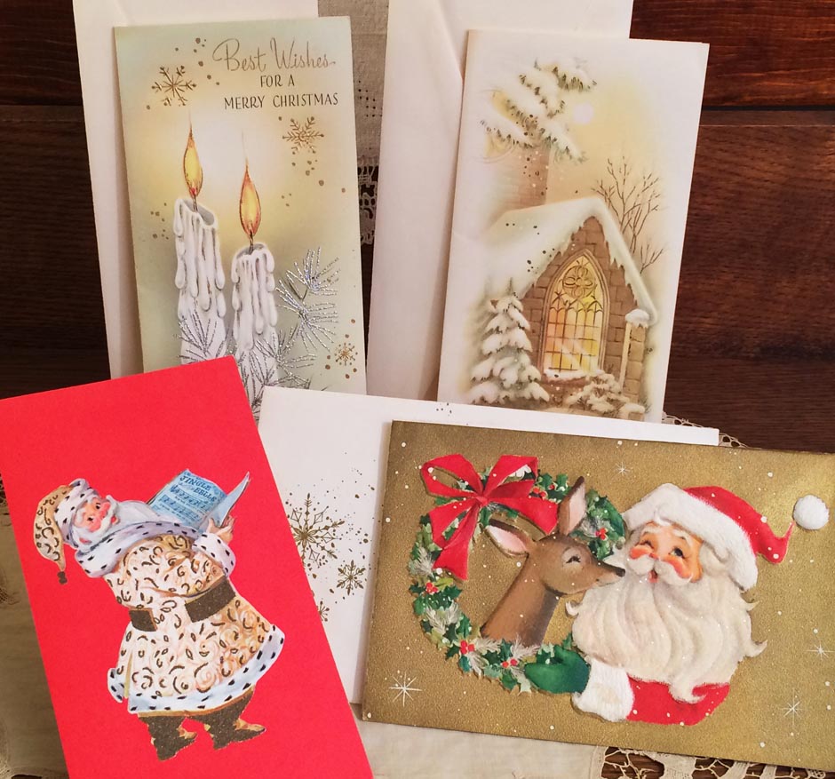 4 UNUSED Utterly-Charming Vintage Christmas Mid-Century Greeting Cards, 3 with Envelopes