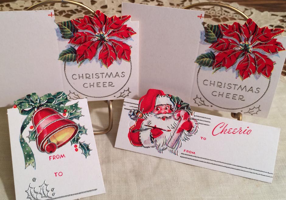 4 NEAR MINT, UNUSED Vintage Christmas Mid-Century Gift Tags, Diecut & Embossed Cards